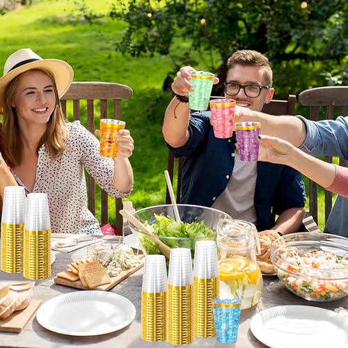Image of 30 Pcs Gold Plastic Cups,12oz Gold Rimmed Plastic Cups,Heavy Duty Disposable Plastiic Wine Glasses Cocktail Glasses Premium Cup with Gold Rim for Party,Wedding,Christmas