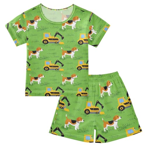 ALAZA Dog Truck Green Pajamas Set Short Sleeve Cotton Sleepwear Summer Pjs 2 Piece 5-14Y