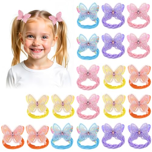 Yuanchu 20 Pcs Butterfly Elastic Hair Ties, Colorful Hair Scrunchie with Butterfly Cute Hair Bands Butterflies Accessories Clips Holders with Bows for Women