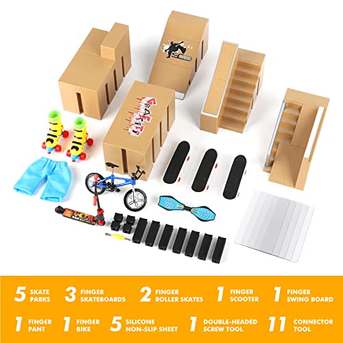 DaCool Fingerboard Skate Park Kit 17PCS Fingerboard Ramps Mini Finger Toys Finger Skateboards Swing Board Finger Bike Scooter Roller Skates Fingerboard Skatepark Ramp Deck for Kids Gift - Thumbnail 2