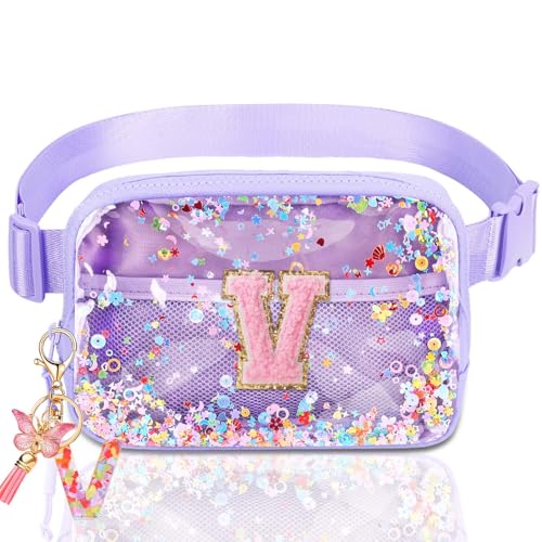 Image of Initial Fanny Pack for Girls - Belt Bag for Teens Kid Teen Girl Kid Birthday Gift Clear Purple V