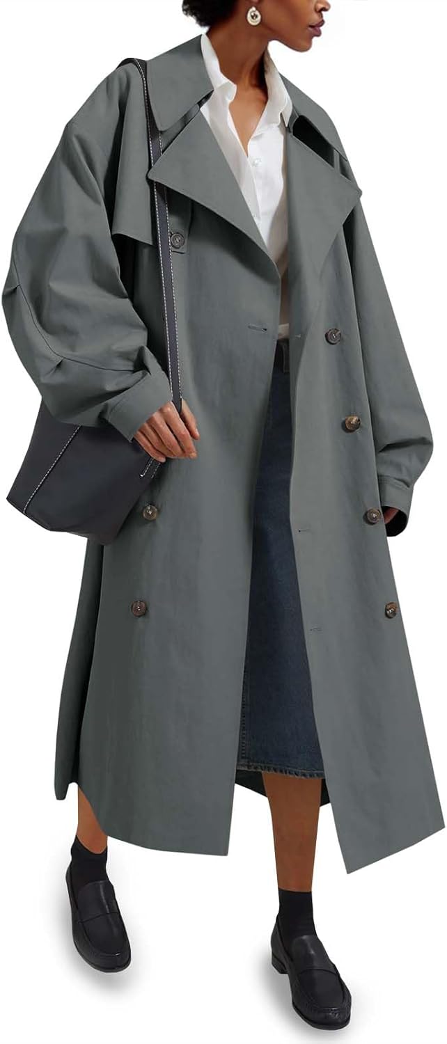 Tankaneo Womens Double Breasted Long Trench Coat Oversized Classic Lapel Belted Overcoat
