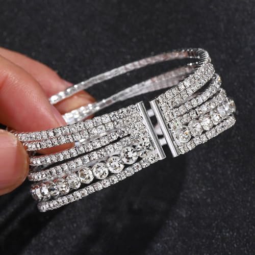 NEWITIN 2 Pieces Rhinestone Cuff Bracelet for Women Crystal Multilayer Bridal Bracelet Silver Adjustable Bangle Sparkling Rhinestone Open Bracelets for Women Costume Jewelry Dance Party Wedding3