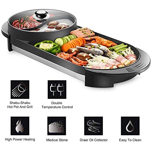 Tragbarer Elektrogrill, 2-In-1 Elektro-Smokeless Indoor Grill und Hot Pot, Easy Clean große Kapazitäts Multifunktionale, 5 Hitzeeinstellungen
