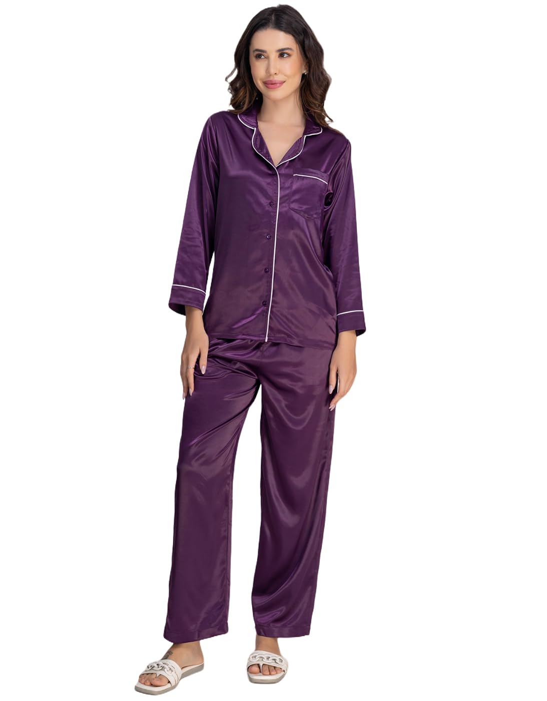 Women's Satin Nightwear Set - Luxurious Poly Satin Pajama & Button-Down Shirt Sleepwear-image-13