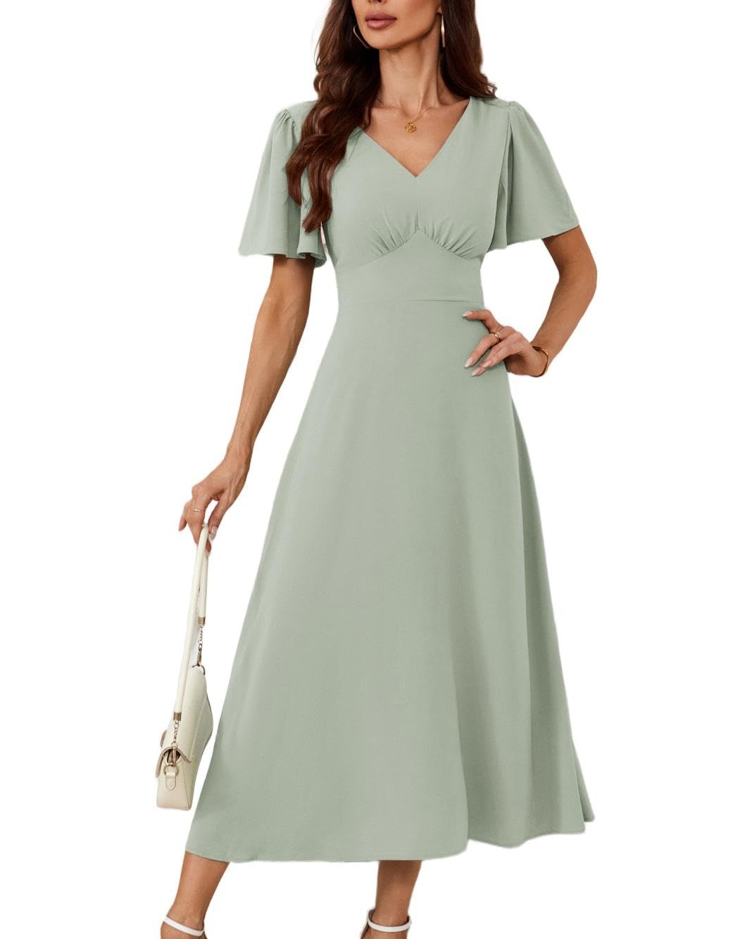 Grace Karin Damen Fashion Sommer A Linie Maxikleid Casual Kurzarm Boho Chiffon Kleid High Waist Kleid für Hochzeitsgäste