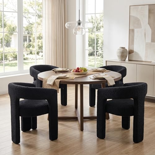 Image of HNY Modern Barrel Kitchen & Dining Room Chairs Set of 4, Sherpa Upholstered Accent Chairs with Arm, 18.5'' Wide Side Armchairs Vanity Chairs for Living Room Bedroom Makeup Small Spaces, Black