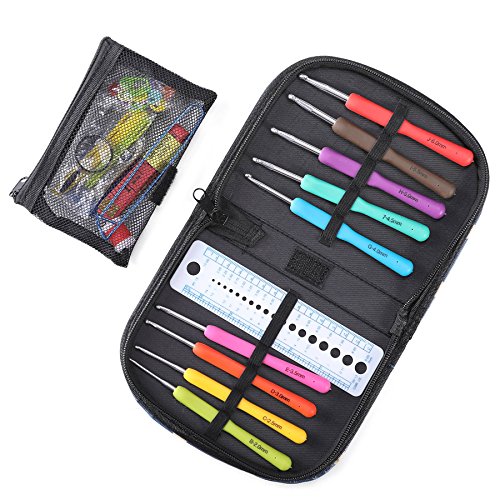 CO-Z Ergonomic Multicolor Aluminum Crochet Hooks Multi-Size Hooks Set with Accessories and Storage Case, Rubber Handle Hooks Perfect for Any Weave Patterns & Yarns Smooth Knits