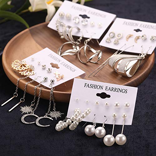 Fashion Earrings For Women Girls, Funtopia 68 Pairs Drop Dangle Earrings, Statement Stud Earrings Pearl Earrings Set For Party Jewelry Gift (Gold And Silver) #TOP2
