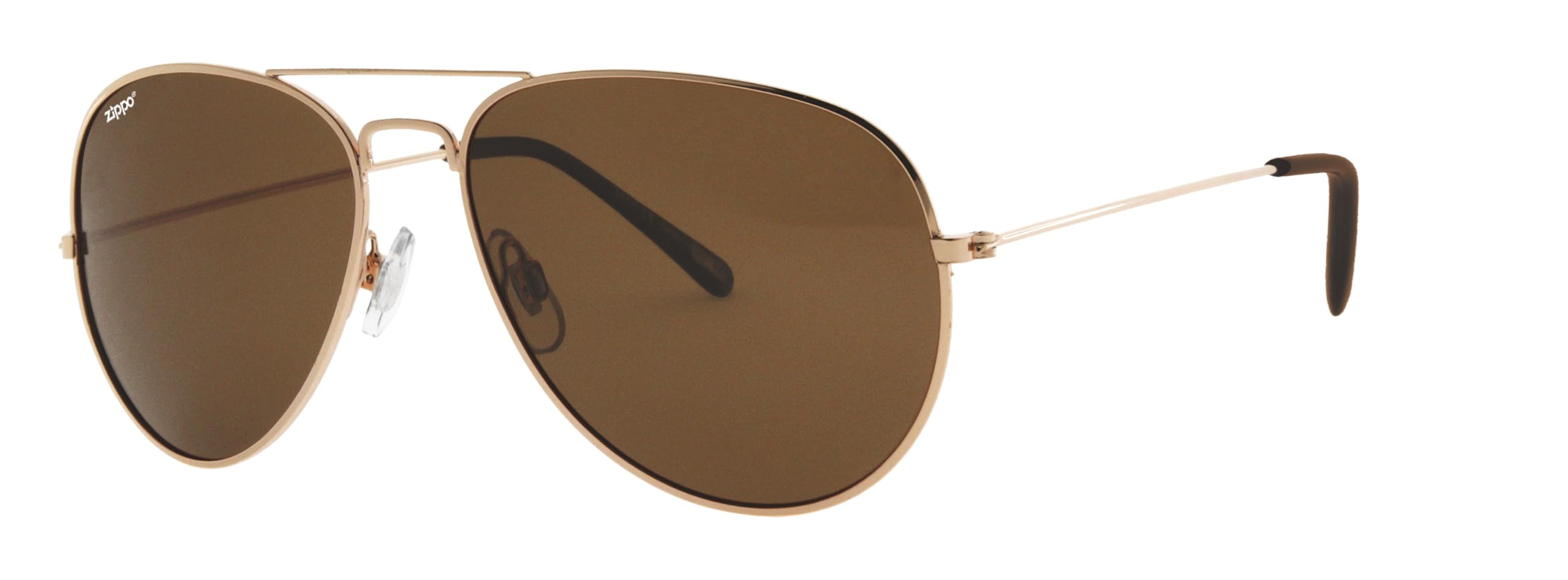 Zippo Unisex Gold Eyewear - Flash Pilot Sunglasses - Polarized - Uv400 Protection - Logo Left Lense - Adult, - Made In Usa - Frame, Brown Lenses & Temple
