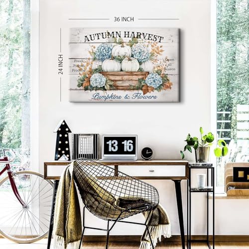 Image of Pumpkin Flower Wall Art Autumn Wall Decor Farmhouse Rustic Blue White Pumpkins Picture Prints Canvas for Bedroom Living Room 24x36 inch, Large Botanical Floral Painting Poster Artwork Home Decorations
