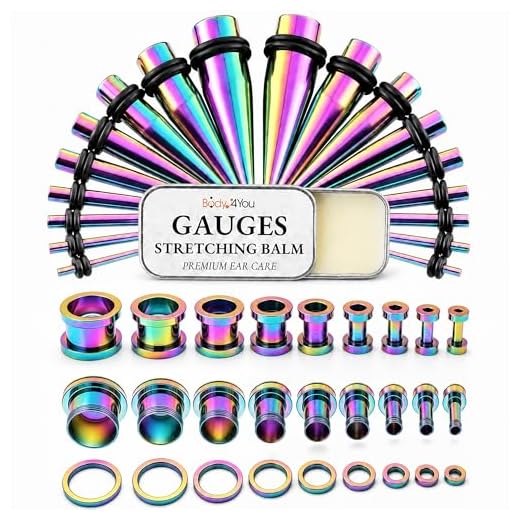 BodyJ4You 37PC Ear Stretching Gauges Kit 14G-00G - Aftercare Balm Wax - Rainbow Steel Tapers Plugs Screw Fit Tunnels - Stretchers Expanders Eyelets