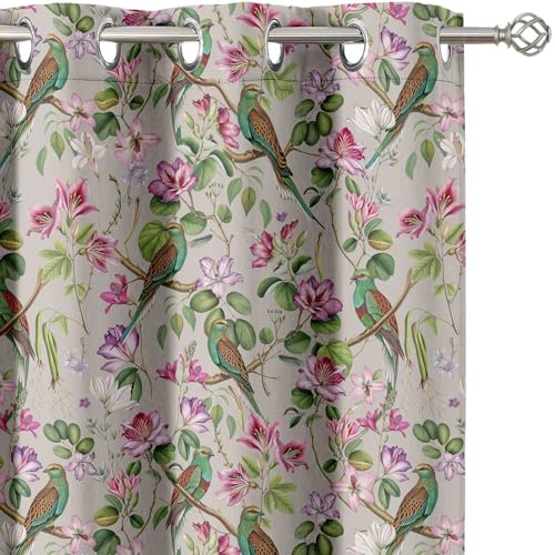 Vargottam Room Darkening Curtains - Bird & Blooms Pattern, Set of 2 Panels, 42" x 108" - Grommet-Top Blackout Window/Door Drapes for Bedroom, Nursery & Living Room - Green