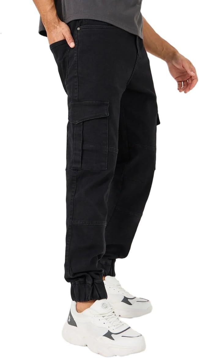 Men Solid Slim Fit Cargo Jogger Jeans | Medium Black with Light Fade, Stretchable Mid-Rise Fit, 6 Pockets |Tapered Cuffed Hem, Cotton Blend Denim for Casual Wear