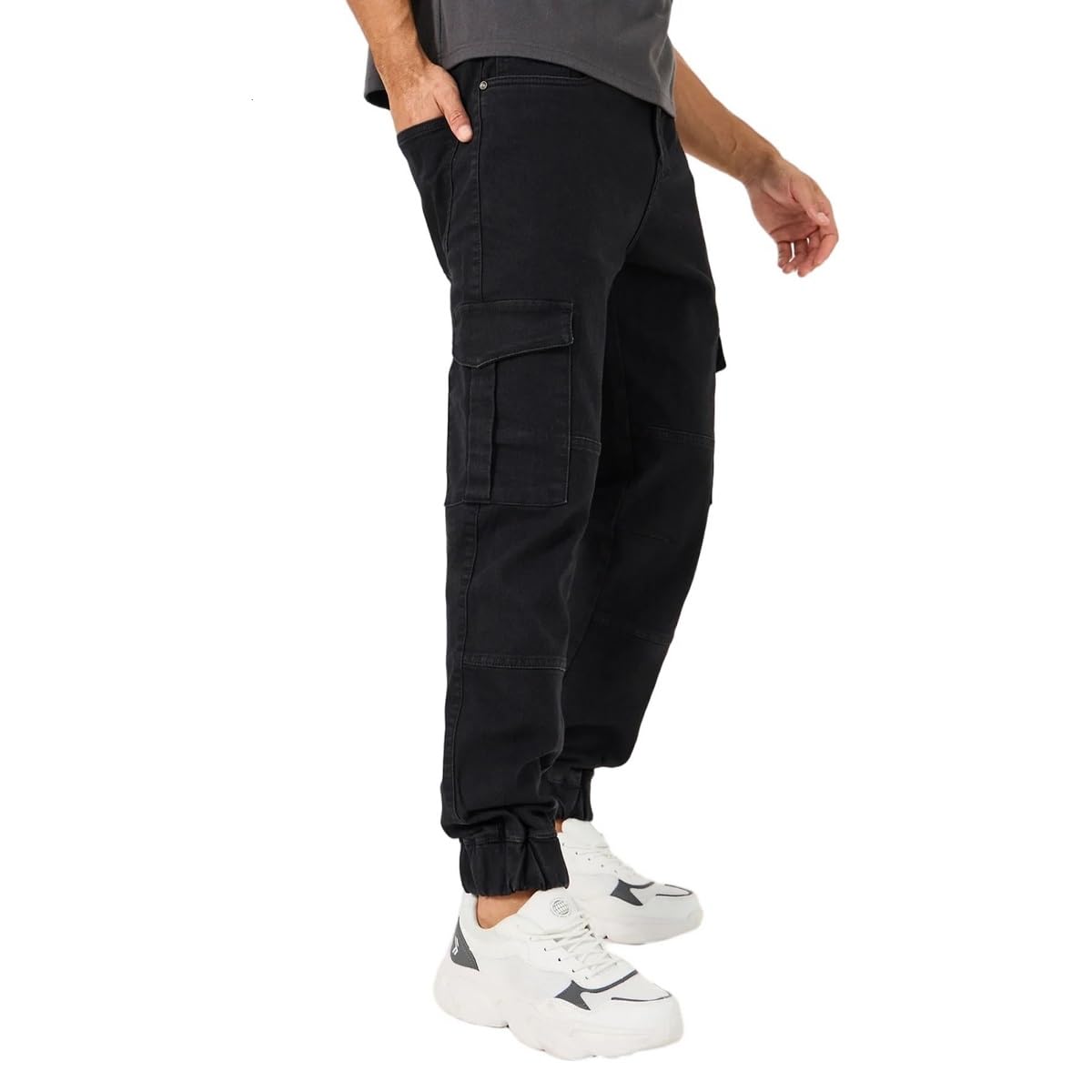 Men Solid Slim Fit Cargo Jogger Jeans | Medium Black with Light Fade, Stretchable Mid-Rise Fit, 6 Pockets |Tapered Cuffed Hem, Cotton Blend Denim for Casual Wear