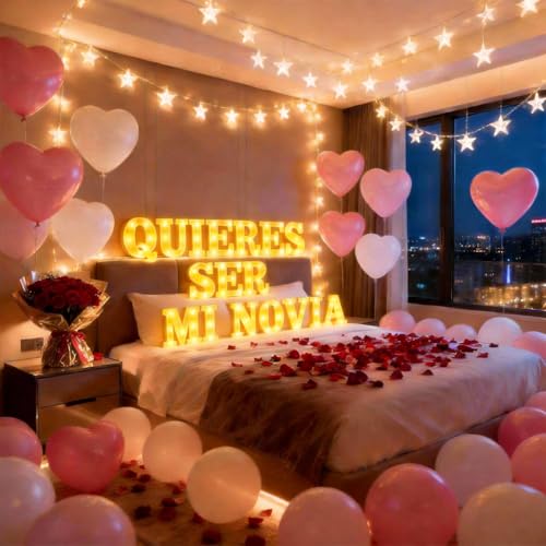Image of Quieres Ser Mi Novia Light Up Letters Proposing Decorations Set Includes 14 LED Light Letters and 1000 Rose Petals Valentine's Day Ornaments