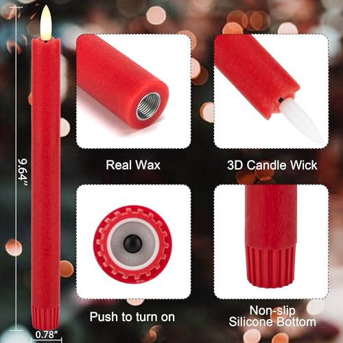 Image of Red Flameless Taper Candles with Rmote, 9.6 inch Real Wax Battery Operated Candles with 3D Wick, 3 Pack Christmas Led Candlesticks for Table, Home, Wedding, Party, Xmas Decor