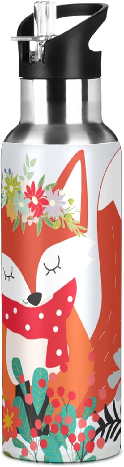 Fox Water Bottle Girls Kids Insulated Stainless Steel Hot Cold Water Flask Jug with Straw Lid for Sports Gym Running 20 oz