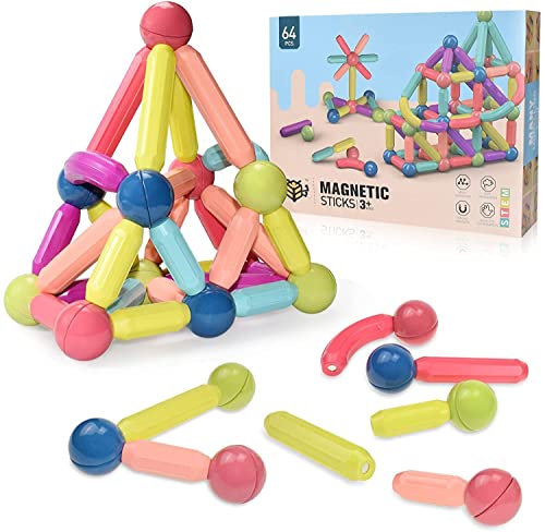Image of HAPPY HUES Magnetic Building Block STEM Toy for Kids 5+ Years Magnetic Sticks and Balls Set- Different Sizes & Curve Shaped - for Boys and Girls 64 PCS