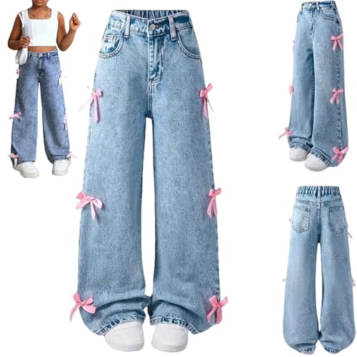 Girls Bow Wide Leg Baggy Denim Pants,Teen Casual Cute Wide Leg Jeans,Kids High Waisted Washed Jean Straight Leg Trouser (US, Alpha, Medium, Regular, Medium Blue)