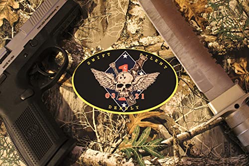 Image of Recon Jack 3 inch by 4.75 inch Oval Sticker with Recon Jack Logo in The Center and The 1st Marine Division Logo Behind it and 0321 on Each Side of The Jack.