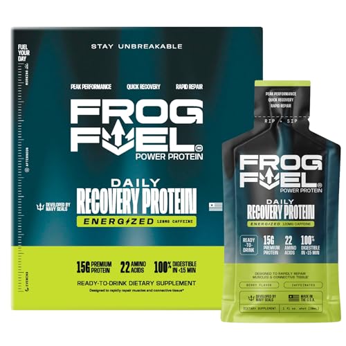 Frog Fuel Power Energized Protein Shot, 15g Protein Nano-Hydrolyzed Grass Fed Collagen, 120mg Caffeine, Fat & Sugar Free, 22 Amino Acids, 0 Carbs, Berry, 1 oz Packets, 24 Pack