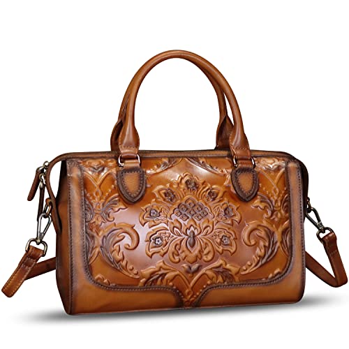 Image of Genuine Leather Satchel for Women Embossed Leather Handbag Top Handle Bags Handmade Purse Crossbody Handbags Tote Bag (Brown)