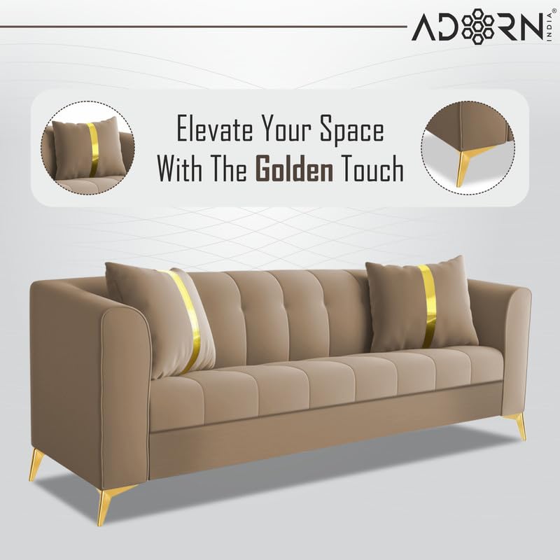 Image of Adorn India Premium Mystic - 3 Years Warranty - 3 Seater Sofa Velvet Suede Fabric - Beige
