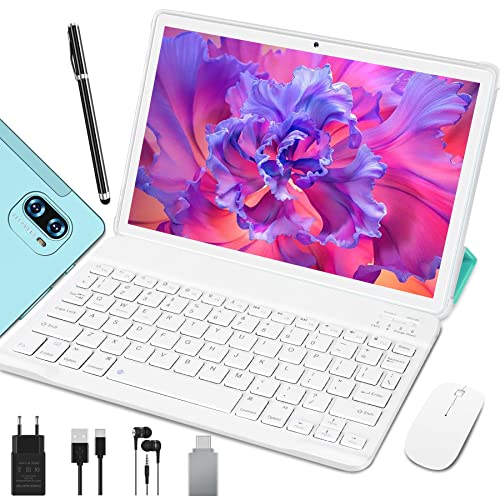 Tablet 10 Pulgadas 5G + 2.4G WiFi Android 11 FHD Tablet 2 in 1, 4GB RAM + 64GB ROM (256GB TF), Procesador 2.0 GHz, Batería 8000 mAh, Cámara 5 MP + 8 MP, Tablet con Teclado, Ratón, Funda, Verde Hielo
