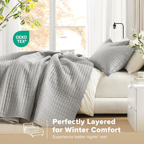Comfort Spaces Grey Oversized King Quilt Set 120"x118" Bedspread Quilted Summer Lightweight Microfiber Bedding Coverlet with Double Sided Stitching Soft All Season Cozy 3 Piece with Matching Shams
