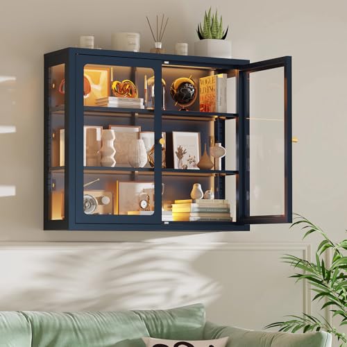 WOOW DEPOT Bathroom Wall Cabinet with 13-Color Light, Wall Mounted 3-Sided Glass Display Cabinet with Adjustable Shelves, Floating Metal Medicine Storage Cabinet for Kitchen Living Room - Blue