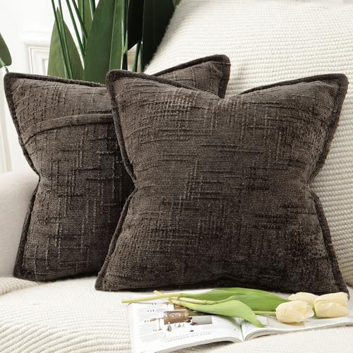 Madizz Decorative Chenille Cushion Covers 45x45 cm Dark Taupe Pack of 2 Throw Pillows for Couch Sofa Boho Accent Pillow Cases for Bed Cushion for Bedroom Living Room Modern Home Decor
