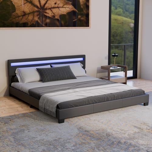 Juskys Polsterbett 180x200 cm – Bett Paris mit LED Beleuchtung, Lattenrost & Kopfteil, modernes Doppelbett aus Kunstleder & Holz – Schwarz