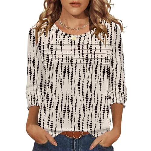 LOMON Women Tops Long Sleeve Blouses Dressy Casual Crewneck Pleated Tunic Shirts 2026 Loose Fashion Clothes Apricot Black Stripes Small