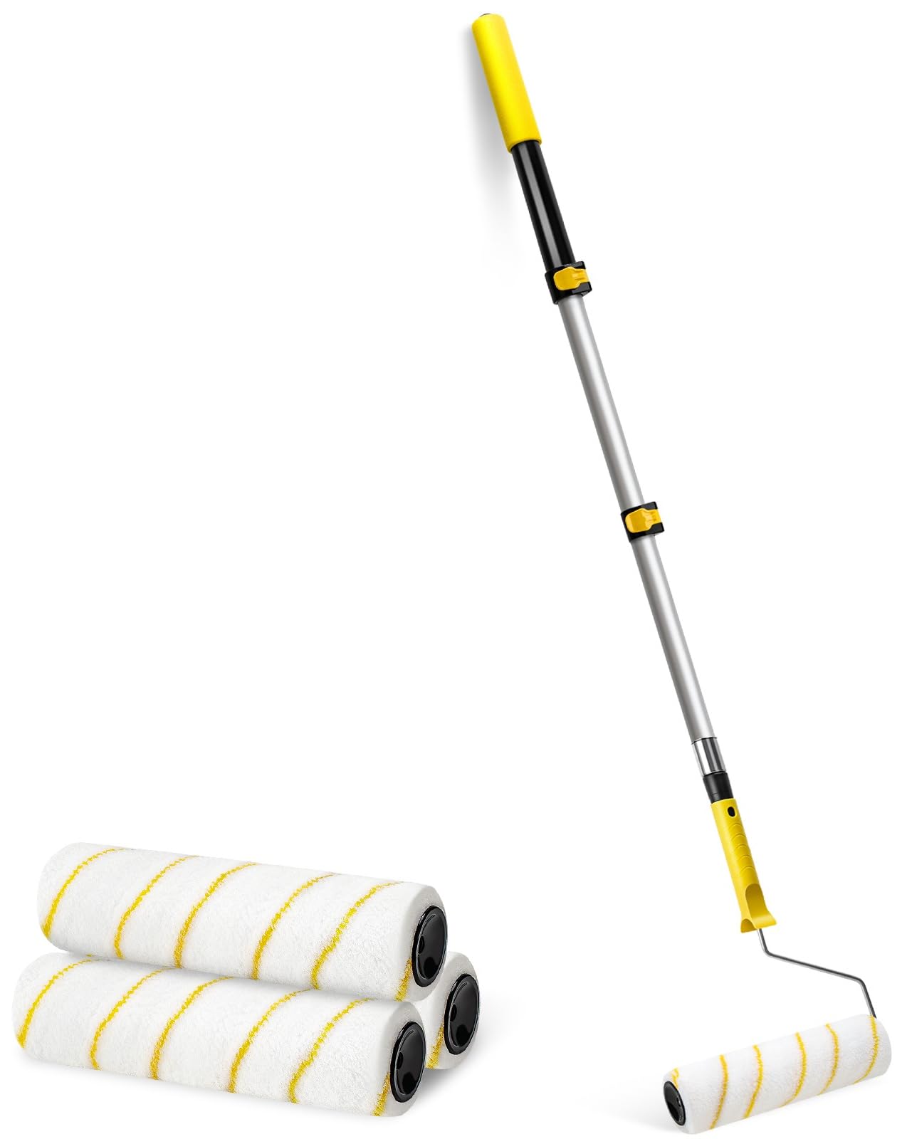 Paint Roller with Telescopic Handle, Aluminum Telescopic Rod with 3 Paint Rollers for Household Project Painting and Renovation