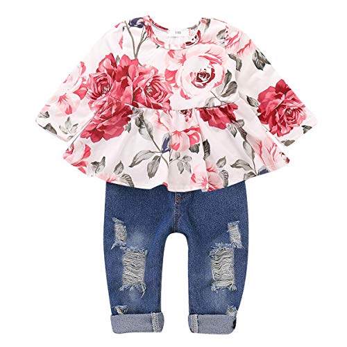 Image of CARETOO Girls Clothes Outfits, Cute Baby Girl Floral Long Sleeve Pant Set Flower Ruffle Top