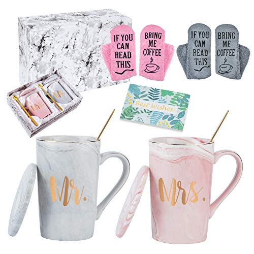 60% Off Discount Mr and Mrs Couple Marble Coffee Mug Set Engagement Wedding Valentine's Day Bridal Shower Gifts Mugs for Couples Marble Cups 14 Ounce with Gift Box Card with Cupcake Socks