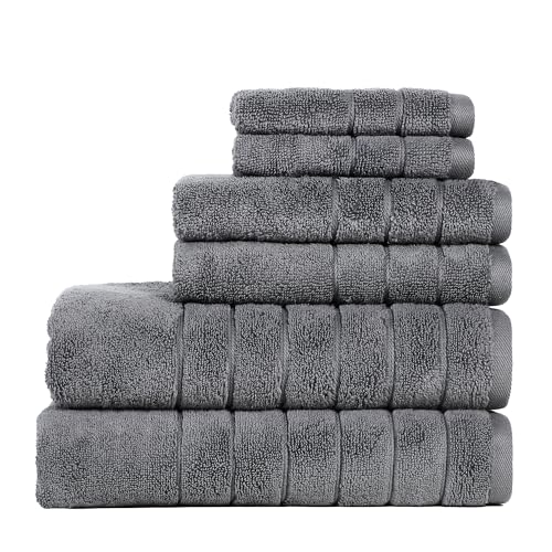 Image of Anne Klein 6-Piece Reverie Towel Set, 2 Bath Towels, 2 Hand Towels, 2 Wash Cloths, 100% Cotton, Grey