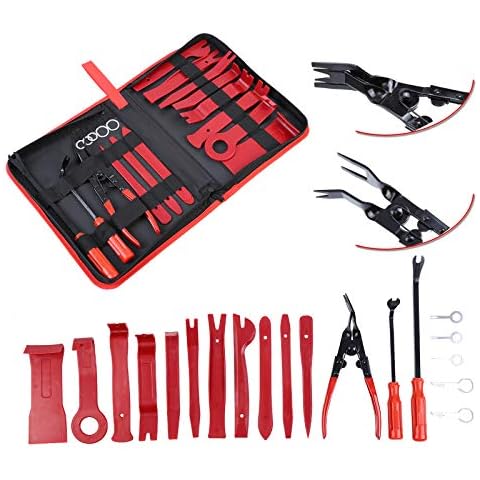 Ambienceo 19 PCS Car Trim Removal Tool Door Molding Dash Panel Audio Pry Tool Kit & Clip Plier Auto Red Cover