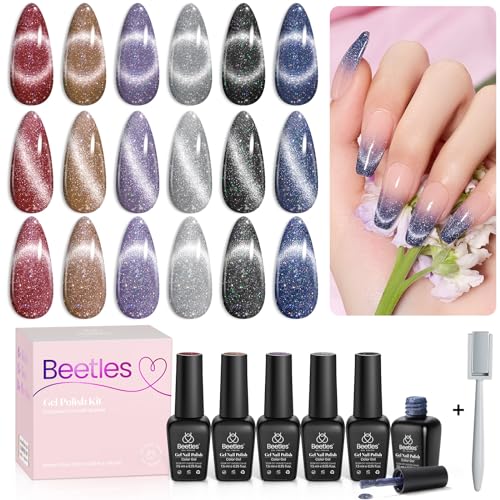 Image of Beetles Cat Eye Gel Nail Polish Set 6 Colors Glitter Red Purple Blue Nail Polish with Magnet Spring Gel Polish Soak Off U V Led Gifts for Women Girls Salon DIY Home