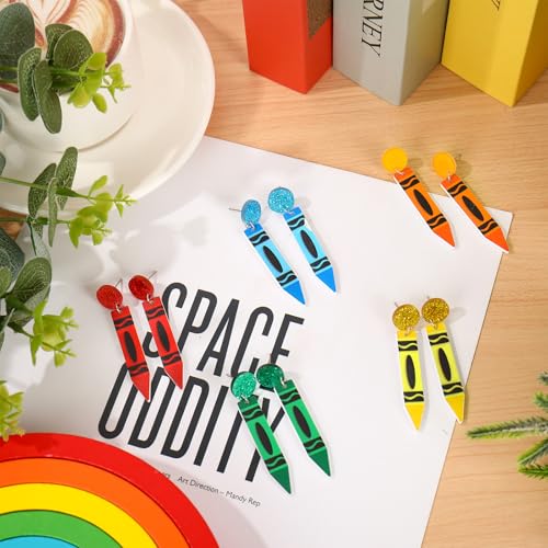 5 Pairs Back to School Acrylic Earrings Glitter Crayon Dangle Earrings Decorative Drop Earrings for Women Jewelry Classroom Party Accessories Supplies3