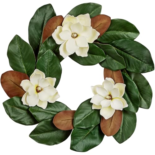Hollyone Artificial Magnolia Wreaths for Front Door 24 Inch Faux Magnolia Flowers Wreath Greenery Leaf Wreath for Indoor Outdoor Home Window Farmhouse Mantel All Seasons Decor