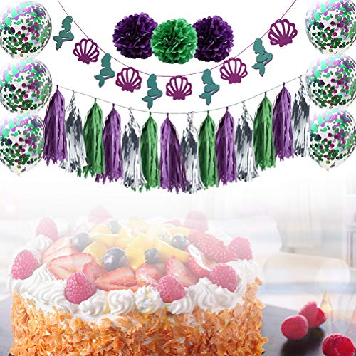 Banner com tema de sereia, balões de látex de papel, borlas de flores, linda faixa de aniversário pa