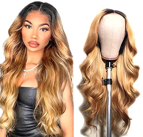 Honey Blonde Wig Human Hair Pre Plucked With Baby Hair Body Wave Ombre Lace Wig Two Tone Black To Honey Blonde Color Malaysian Virgin Hair Wet And Wavy 1B/27 Wig 18 Inch