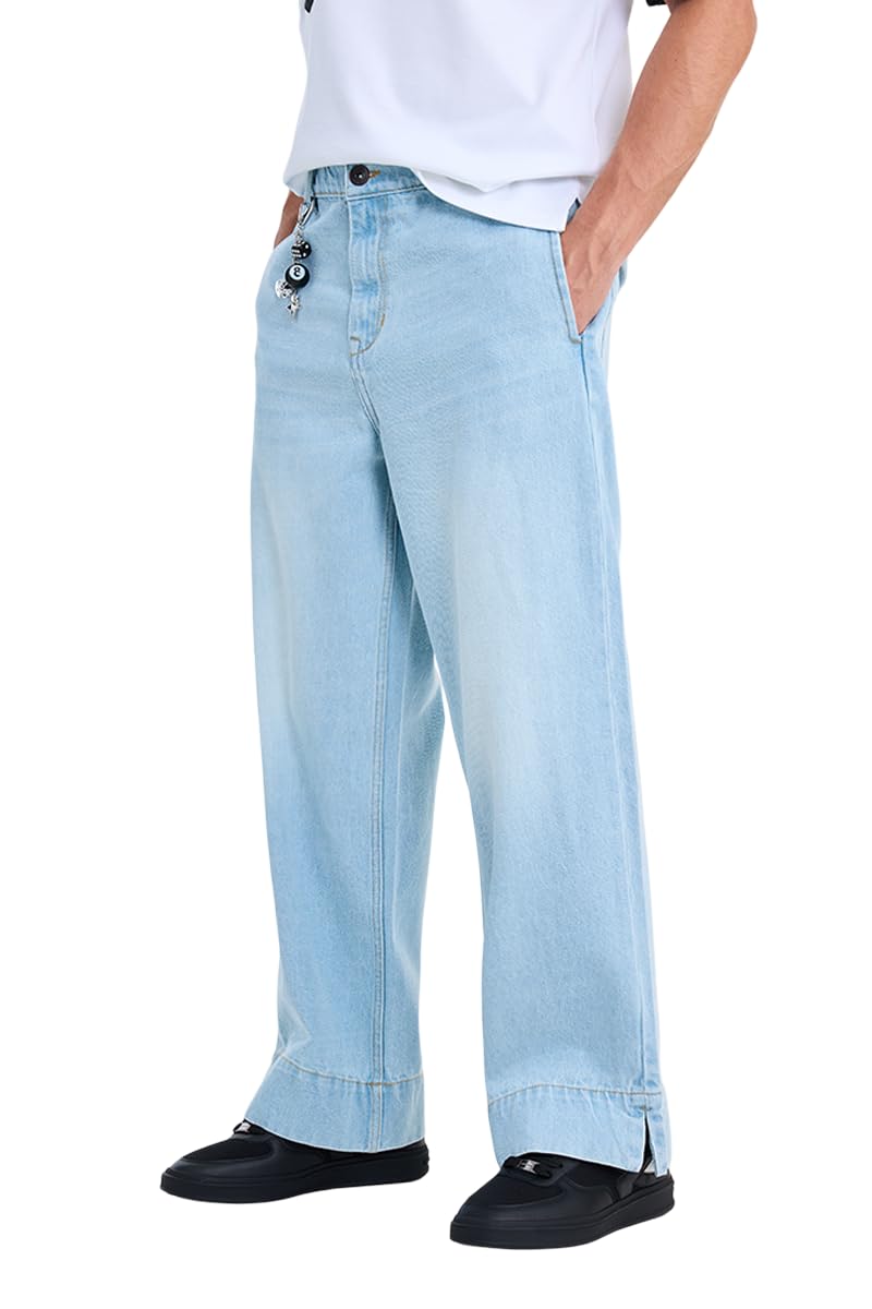 Men Denim Jeans Casual Street Wear | Baggy Wide-Leg Fit Solid Style | 100% Cotton & Breathable Woven Fabric for Daily Outings, College & Urban Streetwear Look-image-17