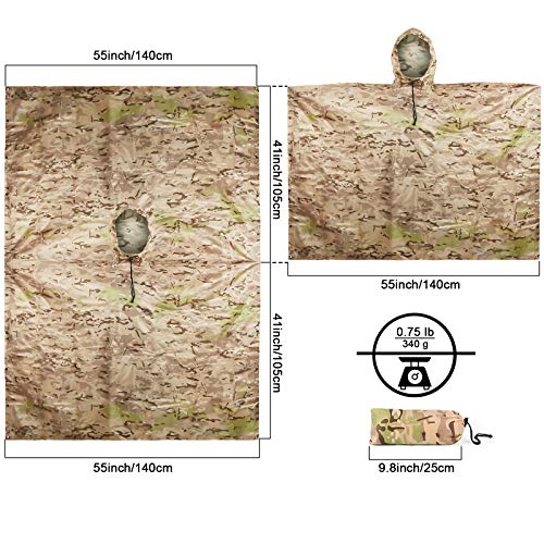 Fousam Camo Poncho, Waterproof Ripstop Hooded Raincoat Lightweight Packable Rain Cover for Hunting Camping Backpacking Emergency Tent Shelter Cp Desert - Thumbnail 7