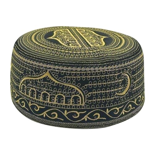 AKONNAS Men Muslim Prayer Kufi Hat, Islam Skull Embroidery Cap Beanie Hat Prayer Headwear Ramadan Eid Gift(Yellow Black)