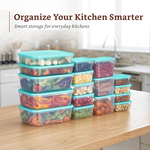 Image of Amazon Brand - Solimo Plastic Container Set with Airtight Lids | BPA-Free | Microwave & Dishwasher Safe | Kitchen Storage Containers | Set of 17