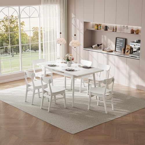 Image of Muwuele Solid Wood Extendable Dining Table for 4-8 People with Seamless Extension from 47.2 to 63 Inches, Easy Assembly, Expandable Tables for Small Spaces, Dining Room, Kitchen, Living Room, White