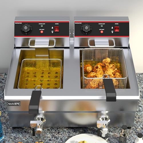 Kommerzielle Fritteuse, kommerzielle elektrische Fritteuse, 26 l, Doppeltank, schnelle Ölfritteuse für die Arbeitsplatte mit Körben, Abflüssen und Deckeln, einstellbare Temperatur, Edelstahl-Fritteu – Bild 4
